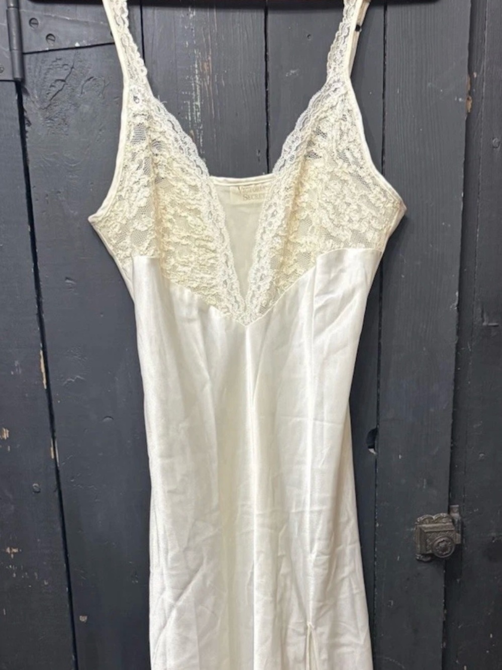 VTG Victoria's Secret White Label Ivory Liquid Satin Lace Maxi Slip Gown M